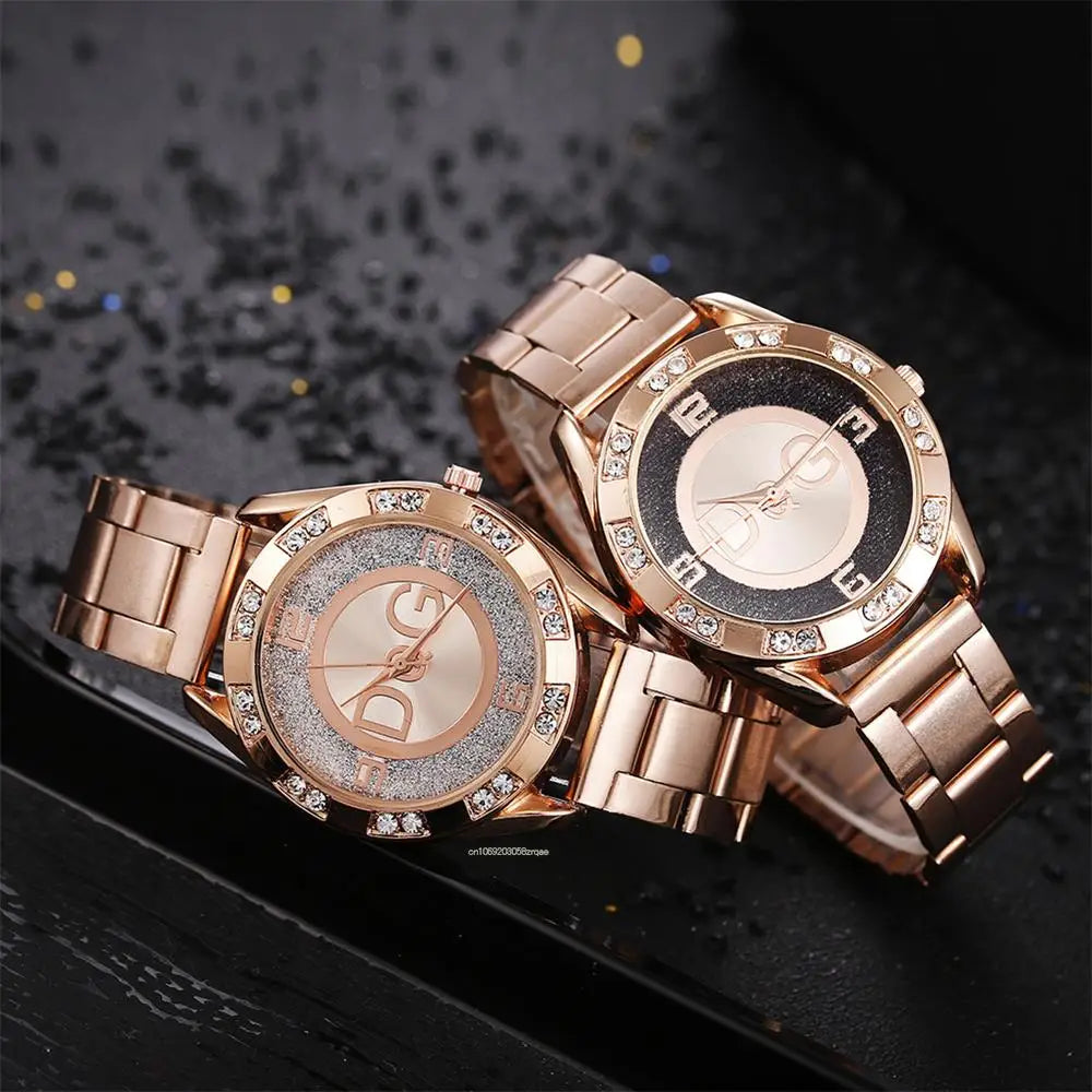 Luxus Neue Marke Frauen Uhr Mode mit Diamanten Kristall Design Quarz Uhren Freizeit Rose Gold Edelstahl Armband Uhr