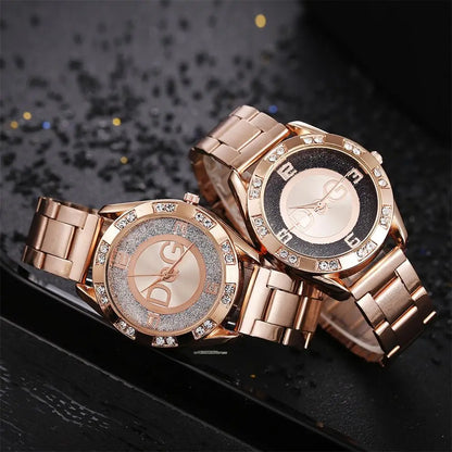 Luxus Neue Marke Frauen Uhr Mode mit Diamanten Kristall Design Quarz Uhren Freizeit Rose Gold Edelstahl Armband Uhr