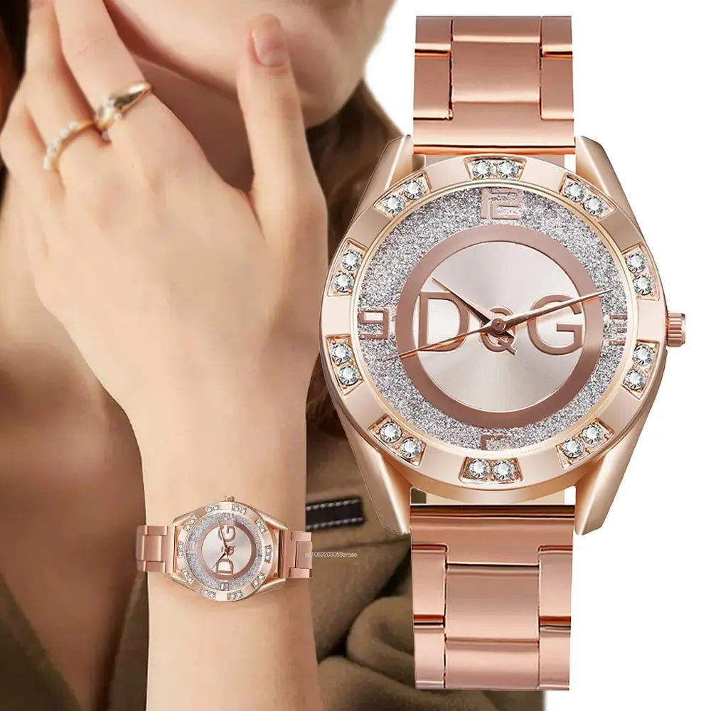 Luxus Neue Marke Frauen Uhr Mode mit Diamanten Kristall Design Quarz Uhren Freizeit Rose Gold Edelstahl Armband Uhr